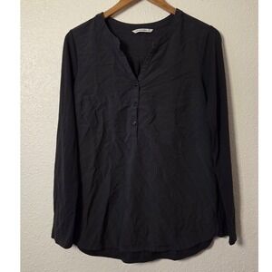 Minimalist Charcoal Henley Blouse Roll Tab Sleeve Business Casual Capsule Top S